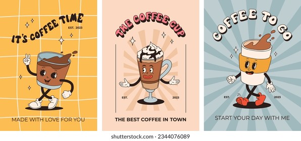 Afiche retro con mascota de café, personajes de dibujos animados, graciosos y coloridos personajes de estilo doodle, capuchino, cacao, latte, espresso, matcha, bobba. Caracteres de groovía vectorial sobre fondo colorido