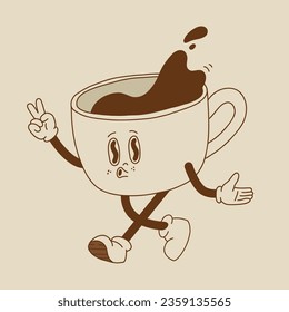 Retro poster with coffee mascot, cartoon characters, funny colorful doodle style characters, cappuccino, cocoa, latte, espresso. Vector illustration on beige isolated background.