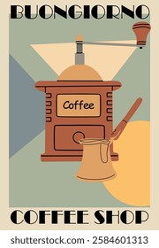 Retro poster for coffee shop with coffee grinder and turkish coffee pot cezve. Vintage flat vector illustration