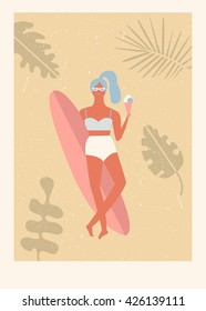 Retro poster collection in vector. Flat illustration with surfer girl with longboard eating ice cream. Beach lifestyle poster in retro style. 