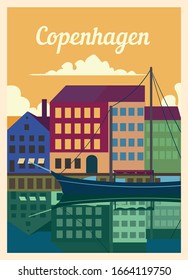 Retro poster Copenhagen city skyline. Copenhagen vintage, vector illustration.