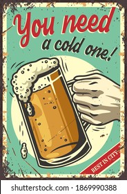 Retro poster with craft lager beer mug with foam. Pint in hand for bavarian oktoberfest