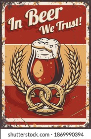 Retro poster craft lager beer mug with foam. Pint, pretzel and barley for bavarian oktoberfest