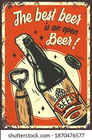 Retro poster, craft lager beer bottle with foam. Pint, opener and beer cap for bavarian oktoberfest