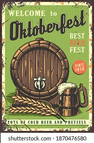 Retro poster, craft lager beer mug with foam. Wooden barrel and barley for bavarian oktoberfest
