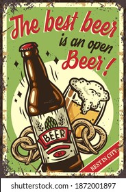 Afiche retro, jarra de cerveza de lager con espuma. Pinta, pretzel y frasco para el festival de oktoberfest bávaro