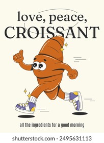 Retro poster with croissant character in trendy groovy style. Mascot for cafe, coffee shop or restaurant.