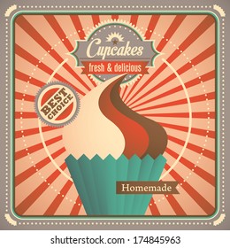 Retro poster with cupcake. Vector illustration.