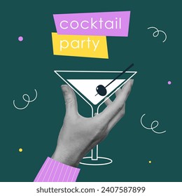 Retro poster with cut out hand holding cocktail glass. Template for birthday card, invitation, social media, flyer, banner, poster. Vector illustration