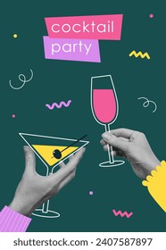 Retro poster with cut out hands holding cocktail glasses. Template for birthday card, invitation, social media, flyer, banner, poster. Vector illustration