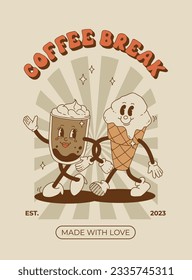 Retro poster with cute cartoon characters of coffee takeaway and pastries donut, chocolate chip cookie, ice cream and cupcake. Desserts food and drink in retro groovy style