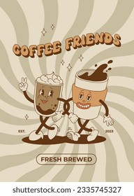 Retro poster with cute cartoon characters of coffee takeaway and pastries donut, chocolate chip cookie, ice cream and cupcake. Desserts food and drink in retro groovy style