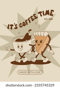 Retro poster with cute cartoon characters of coffee takeaway and pastries donut, chocolate chip cookie, ice cream and cupcake. Desserts food and drink in retro groovy style