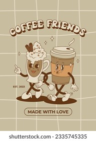 Retro poster with cute cartoon characters of coffee takeaway and pastries donut, chocolate chip cookie, ice cream and cupcake. Desserts food and drink in retro groovy style