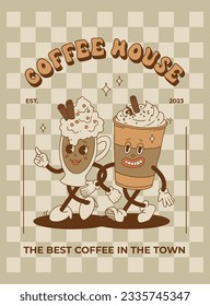 Retro poster with cute cartoon characters of coffee takeaway and pastries donut, chocolate chip cookie, ice cream and cupcake. Desserts food and drink in retro groovy style