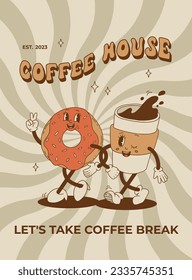 Retro poster with cute cartoon characters of coffee takeaway and pastries donut, chocolate chip cookie, ice cream and cupcake. Desserts food and drink in retro groovy style