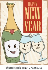 Retro poster with cute wine bottle and wine glasses winking at you and celebrating New Year.