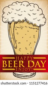 Retro poster with a delicious, refreshing, aged, cold beer in a hand drawn style and label with golden sign for Beer Day celebration.