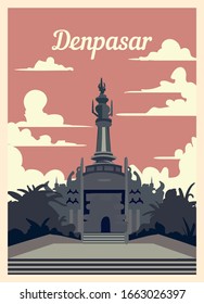 Retro poster Denpasar city skyline. Denpasar vintage, vector illustration.
