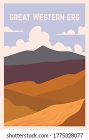 Retro poster of a desert Great western erg. Vector illustration of the great deserts.