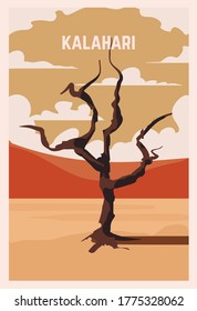 Afiche retro de un Kalahari desierto. Ilustración vectorial de los grandes desiertos.