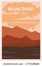 Afiche retro de un Mojave desierto. Ilustración vectorial de los grandes desiertos.