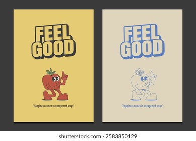 retro poster design with an apple mascot character, vector illustration