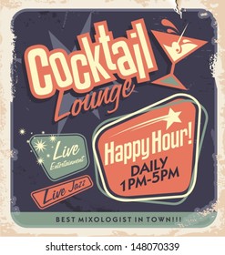 Retro poster design for cocktail lounge. Vintage card layout on old paper texture for bar or restaurant.