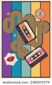 Retro poster design with compact cassette, rainbow and flowers.