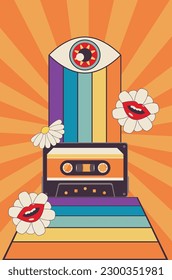 Retro poster design with compact cassette, rainbow and flowers.