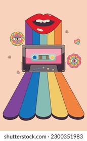 Retro poster design with compact cassette, rainbow and flowers.