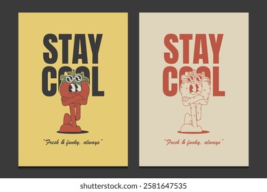 retro poster design with a cool strawberry cartoon character, vector illustration