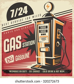 Retro poster design for gas pump. Fuel station, motor oil and gasoline, mechanic on duty, service and repair. Vintage ad with cars and transport theme.