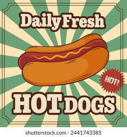 Retro poster design with hot dog. Fast food. Vector illustration