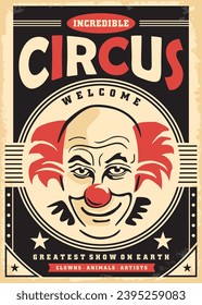 Retro poster design for incredible circus show. Comic style clown portrait with red nose and hair. Circus vector flyer template.