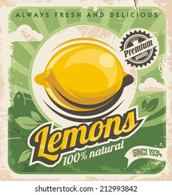 Retro Poster Design For Lemon Farm. Vintage Vector Food Label Concept On Old Paper Textured Background. Fruits Document Template.