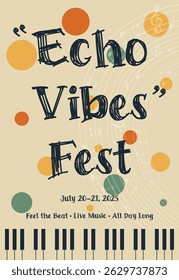 retro poster design for music festival with piano keys in vintage colors minimalistic flat vector illustration.