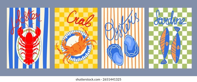 Design de cartaz retro com ilustração de frutos do mar. Lagosta, sardinha, ostras, caranguejo