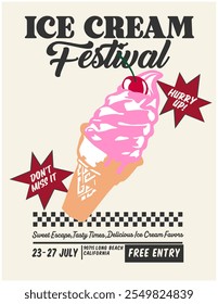 Retro Poster Design with slogan typography “ICE CREAM FESTIVAL” with cherry on ice cream ,vector illustration, for t-shirt graphic.