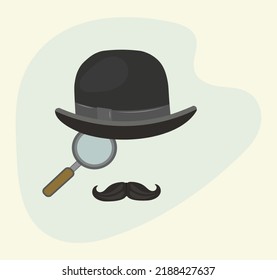 Retro poster of detective or father, dad with magnifying glass, mustache in bowler hat. Gentleman icon in vintage style. Vector flat illustration.