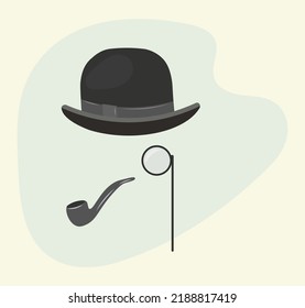 Retro poster of a detective in a hat, pince-nez and smoking pipe. Gentleman, father, dad icon in vintage style. Vector flat illustration.