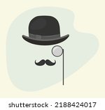 Retro poster of a detective in a pince-nez mustache in a hat. Gentleman, father, dad icon in vintage style. Vector flat illustration.