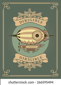 retro poster dirigible flying apparatus in a circle with patterns