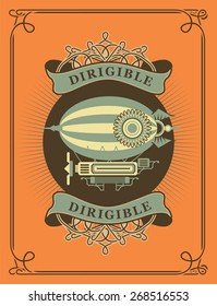Retro poster dirigible flying apparatus in a circle with patterns