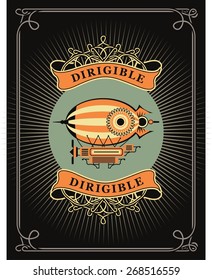 Retro poster dirigible flying apparatus in a circle with patterns
