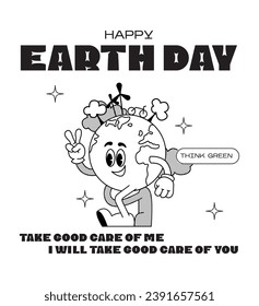 Retro poster Earth Day ecology. Mascot character walking Earth planet, save planet, global warming hippy vintage comic vector set. Earth day, protection environment isolated on background