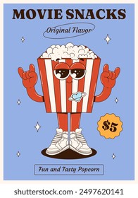 Retro poster featuring a character in the form of a popcorn box in groovy style. Cinema snack. Funny popcorn with eyes, legs, and arms in the background. Vector illustration on the cinema theme