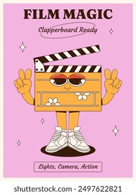 Retro poster featuring a character in the form of a clapperboard in groovy style. International Cinema Day. Funny clapperboard with eyes, legs, and arms in the background. Filming movies and series