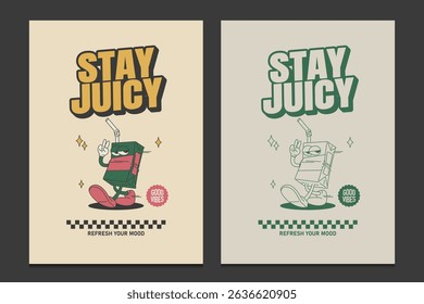 retro poster featuring a juice box mascot with motivational text and playful style, vector illustration