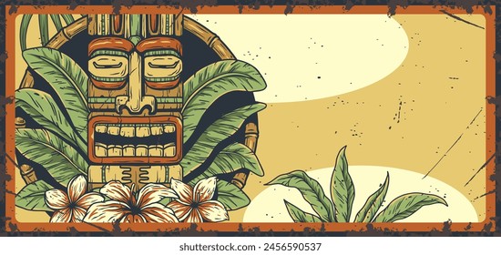 Retro poster featuring a vibrant tiki mask surrounded by tropical foliage with surfboards, capturing the essence of beach culture and the spirit of surfing adventures. Text space.